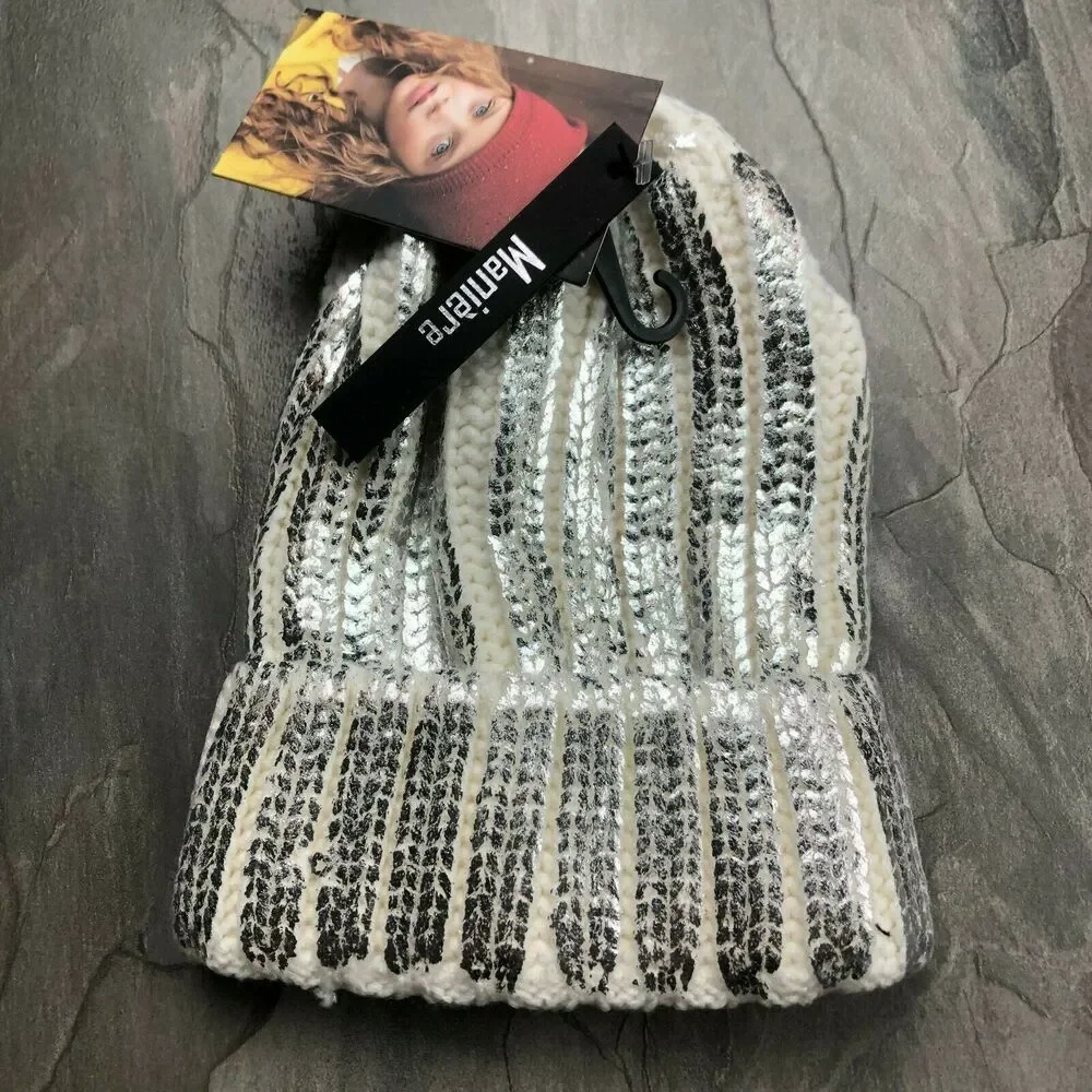 NWT Maniere White Foil Stamped Ribbed Knit Beanie Toddler Girls Size Small 2-4